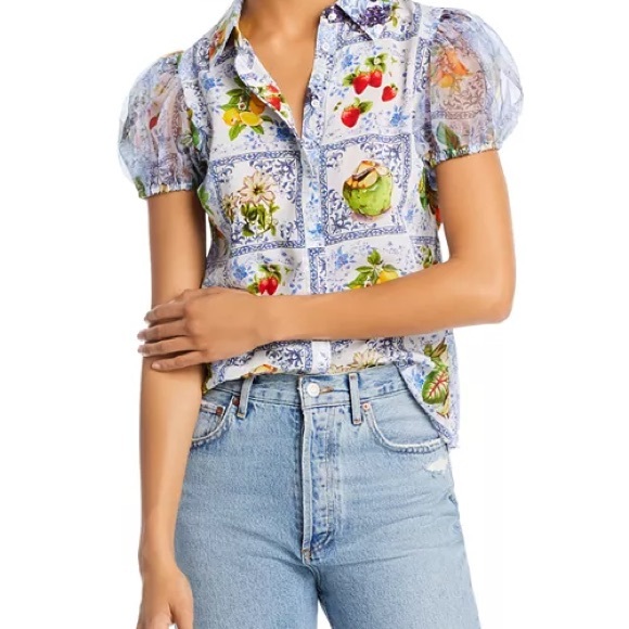 Alice + Olivia Tops - Alice + Olivia "Willa" silk fruit Patterned Puff Sleeve Blouse